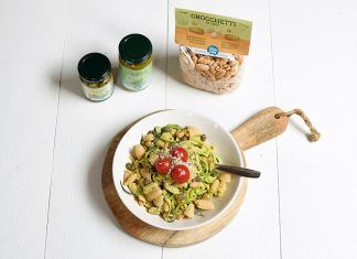 Receta: Gnocchettis de garbanzo con pesto, aguacate y calabacín Gnocchettis de garbanzo con pesto, aguacate y calabacín