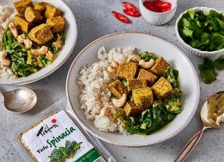 Receta: Tofu crujiente «Palak Paneer» con espinacas y anacardos Taifun Tofu Palak Paneer