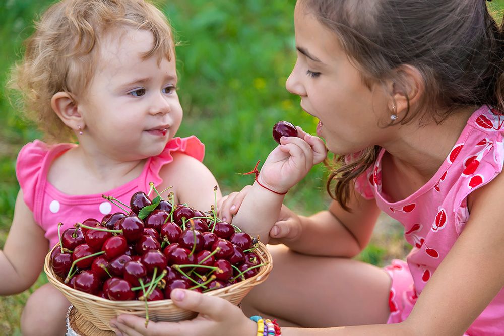 The child eats cherries in the garden. Selective focus.